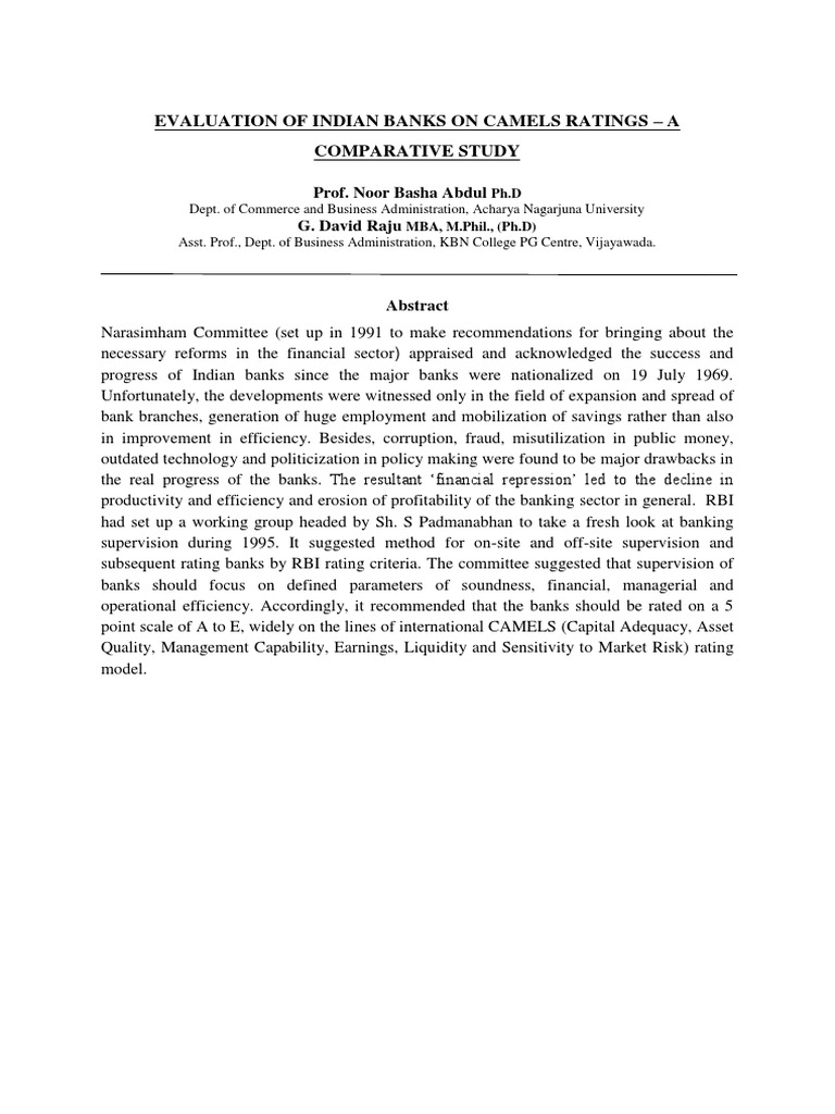 Evaluation of Indian Banks On Camels Ratings - A Comparative Study | PDF