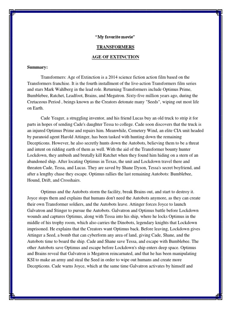 "My Favorite Movie" Transformers Age of Extinction Summary PDF