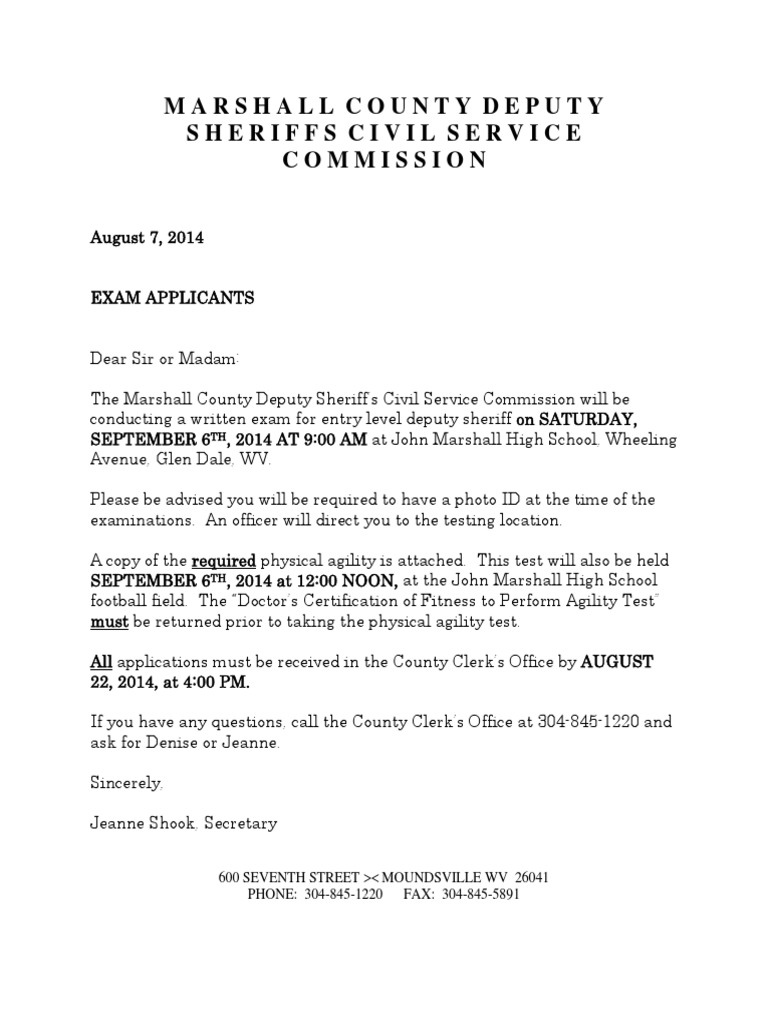 Marshall County Deputy Sheriff Exam Details | PDF | Sheriffs In The ...