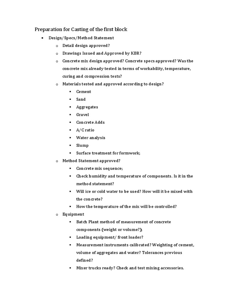 First Block Casting Preparation Checklist | PDF | Concrete | Civil ...