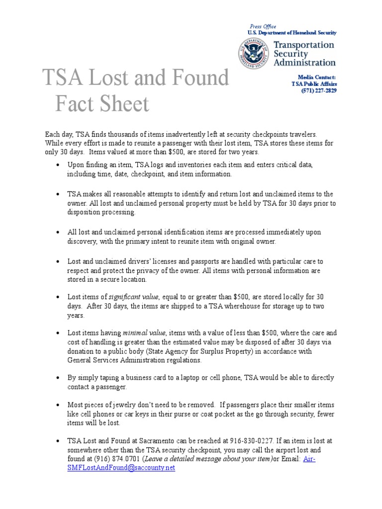TSA Lost and Found Fact Sheet Transportation Security Administration National Security
