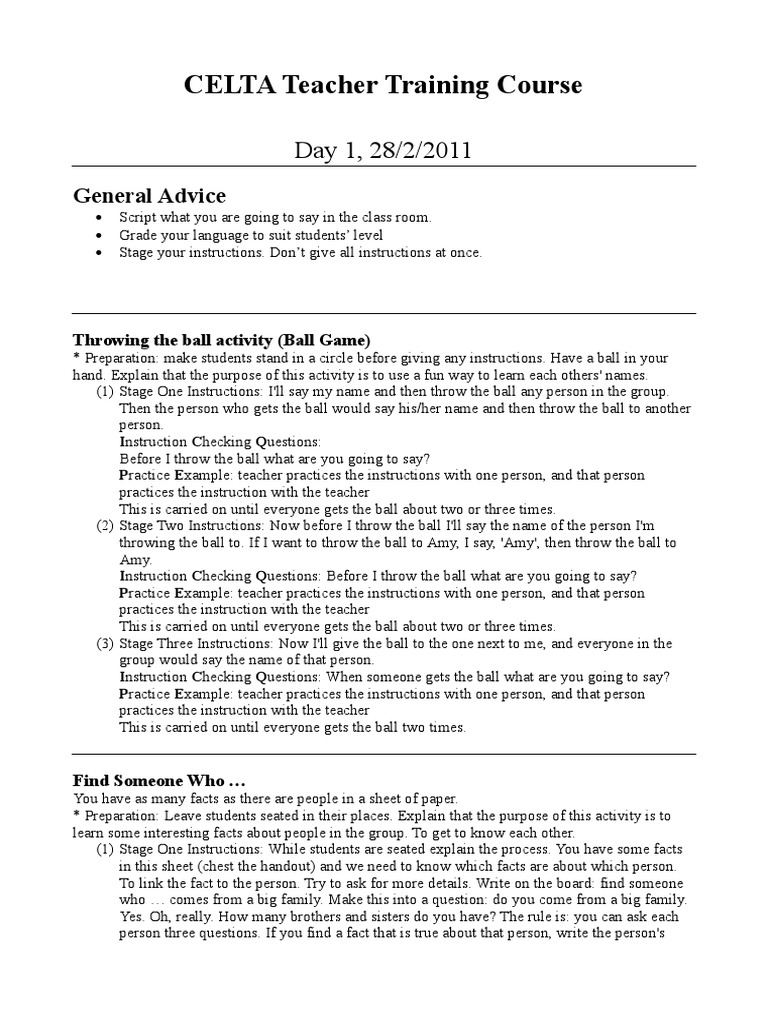 Celta Teacher Training Course Daily Activities Pdf Classroom