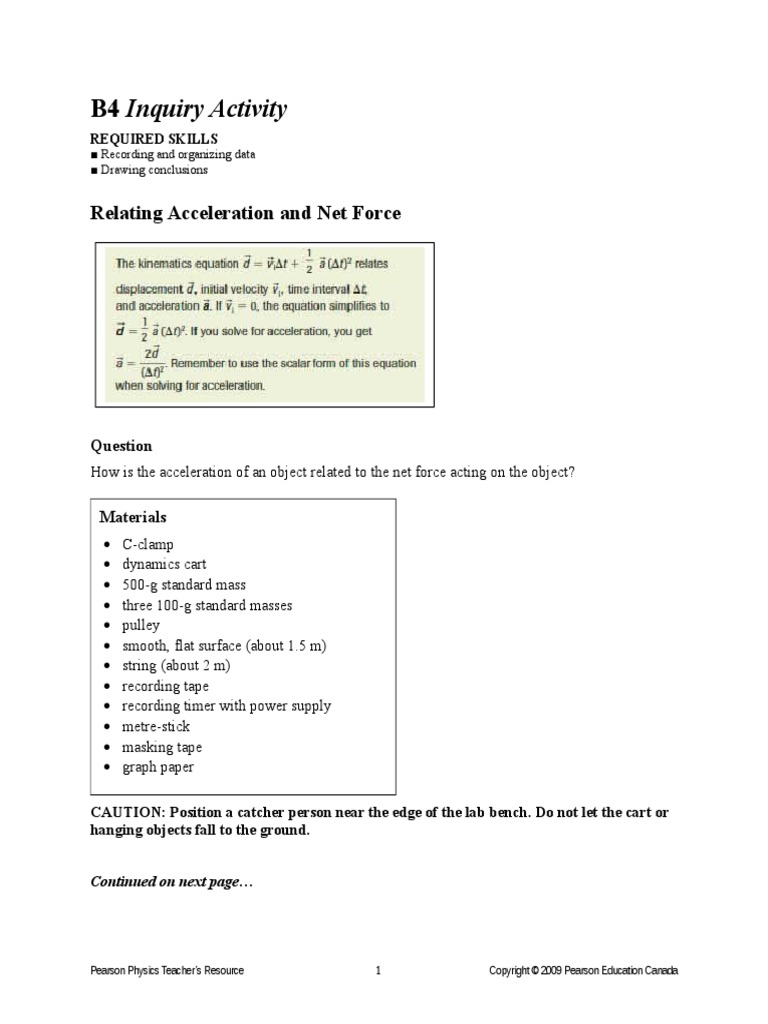 B4 Inquiry Activity Acceleration And Net Force Physical Sciences