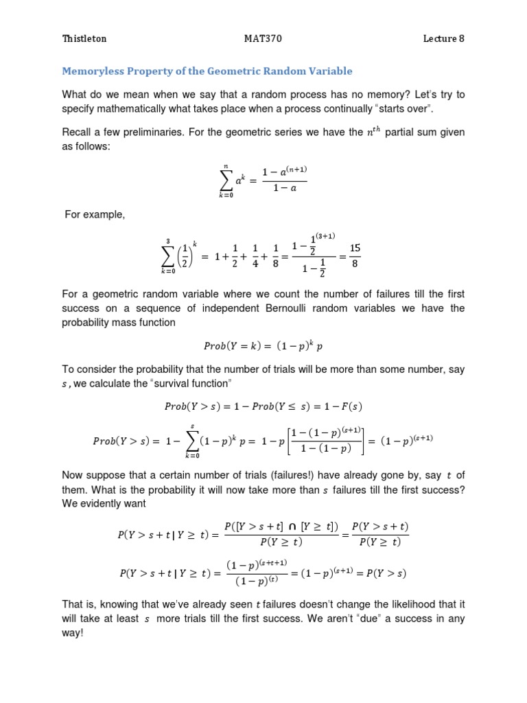 Memoryless Property of The Geometric Random Variable | PDF | Teaching ...