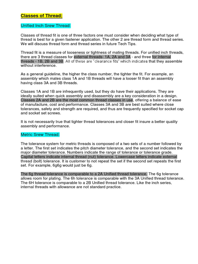 Thread Classes for Engineers | PDF | Home & Garden | Technology ...