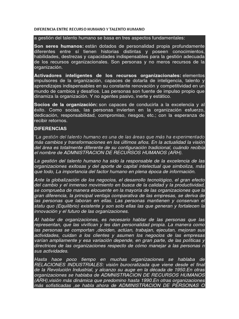 Diferencia Entre Recurso Humano y Talento Humano | Descargar gratis PDF