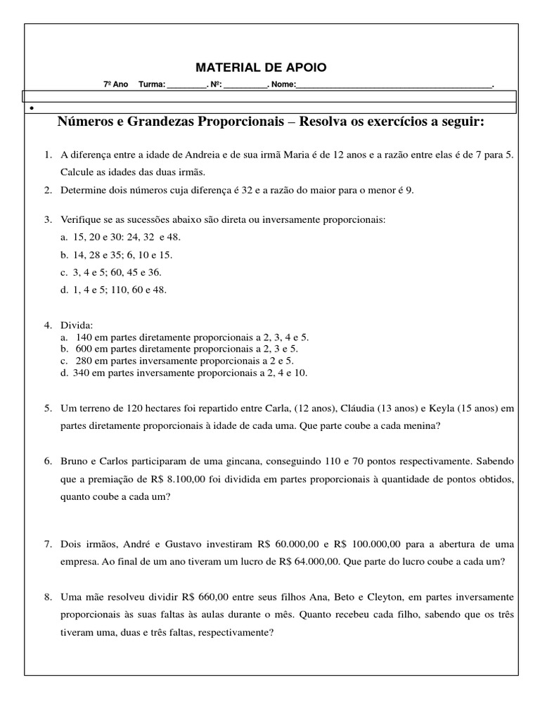 Razões e Proporções - Lista de Exercícios