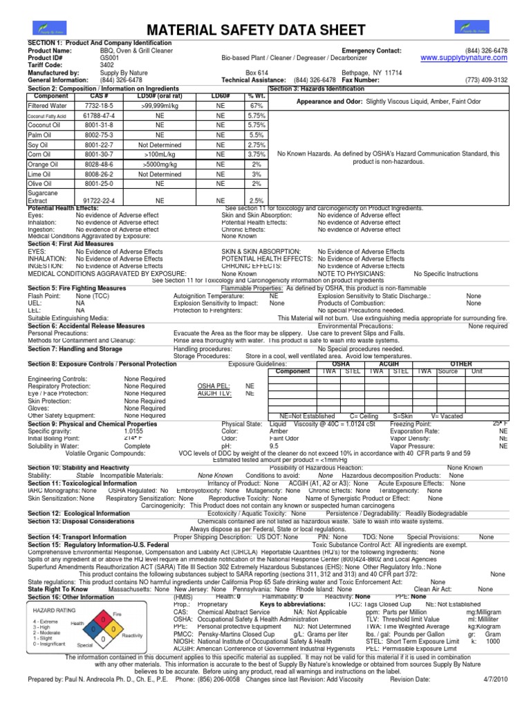 SBN Grill Surface Cleaner Msds PDF Volatile Organic Compound