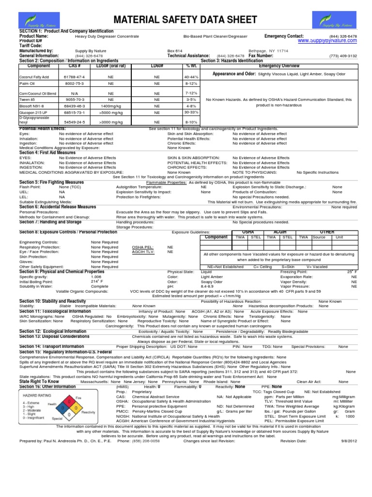 Bio-Based Heavy Duty Degreaser MSDS | PDF | Safety | Chemistry