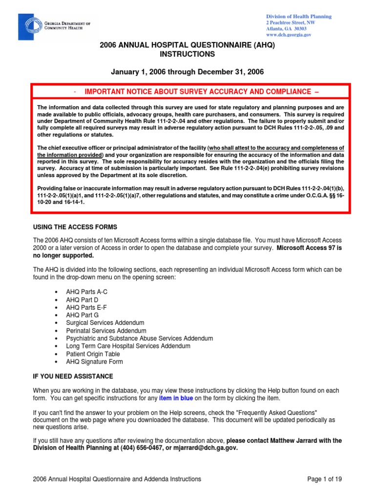 2006 Annual Hospital Questionnaire (Ahq) Instructions January 1, 2006 ...