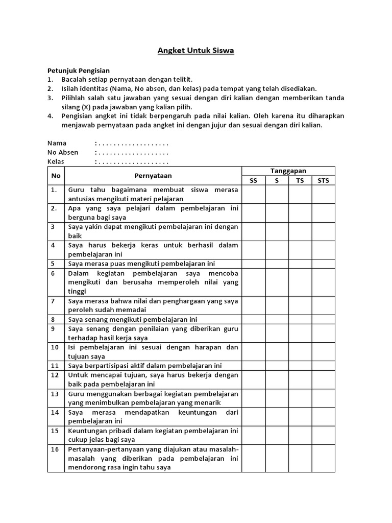 Angket Untuk Siswa | PDF