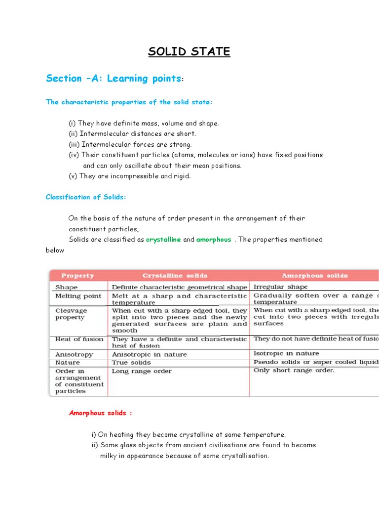 Solid State: Section - A: Learning Points | PDF