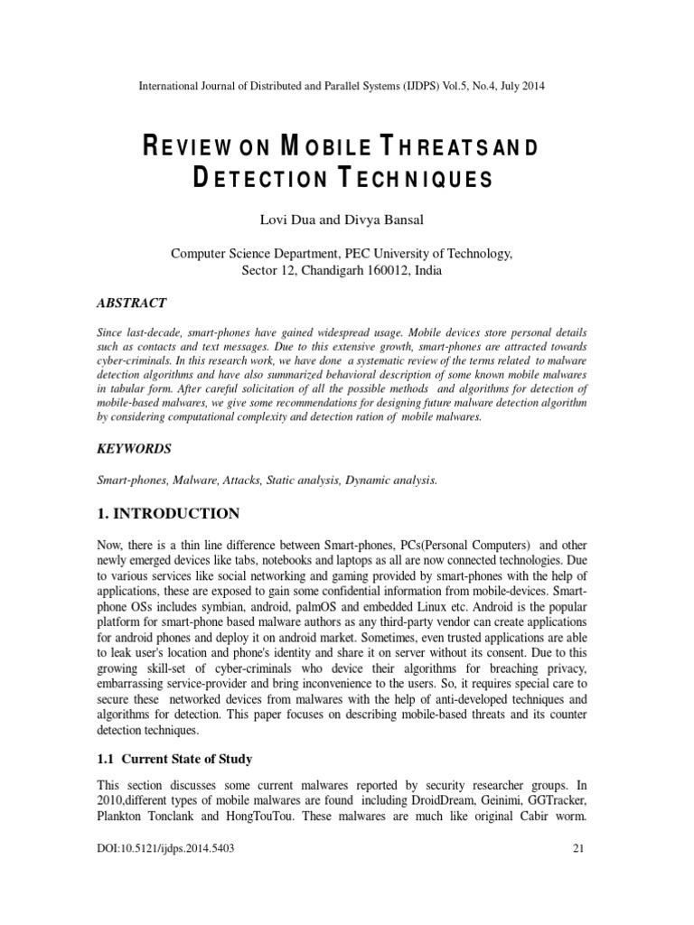 Mobile Malware Detection Techniques | PDF | Malware | Android ...