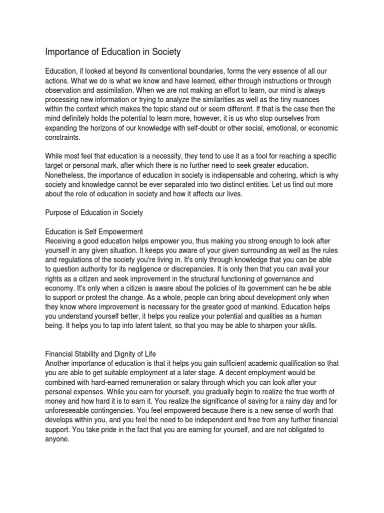Importance of Education in Society | PDF | Employment | Society