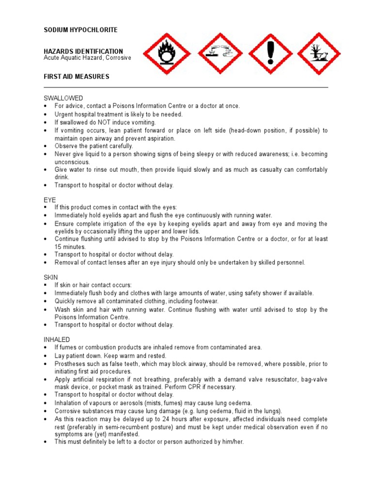 Sodium Hypochlorite Hazards Identification, First Aid Measures, and