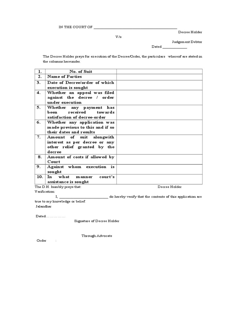 Execution of Decree Application | PDF | Finance & Money Management | Law
