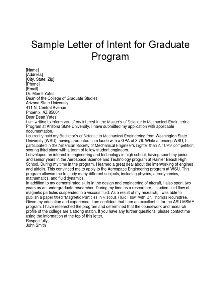 Phd Program Letter Of Intent Sample — — Writing a Letter of