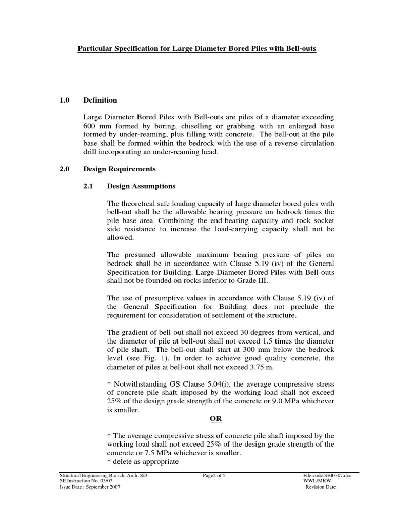 Particular Specification For Large Diameter Bored Piles With Bell-Outs ...