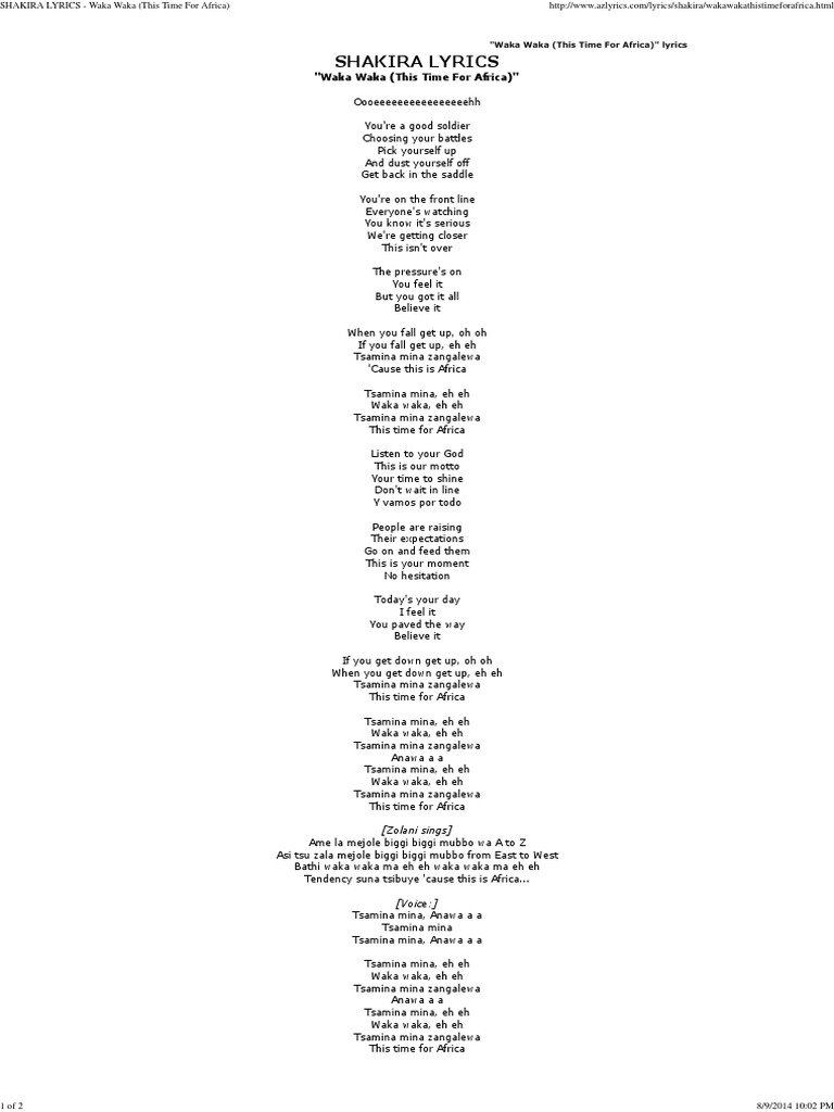 SHAKIRA LYRICS - Waka Waka (This Time For Africa) | PDF
