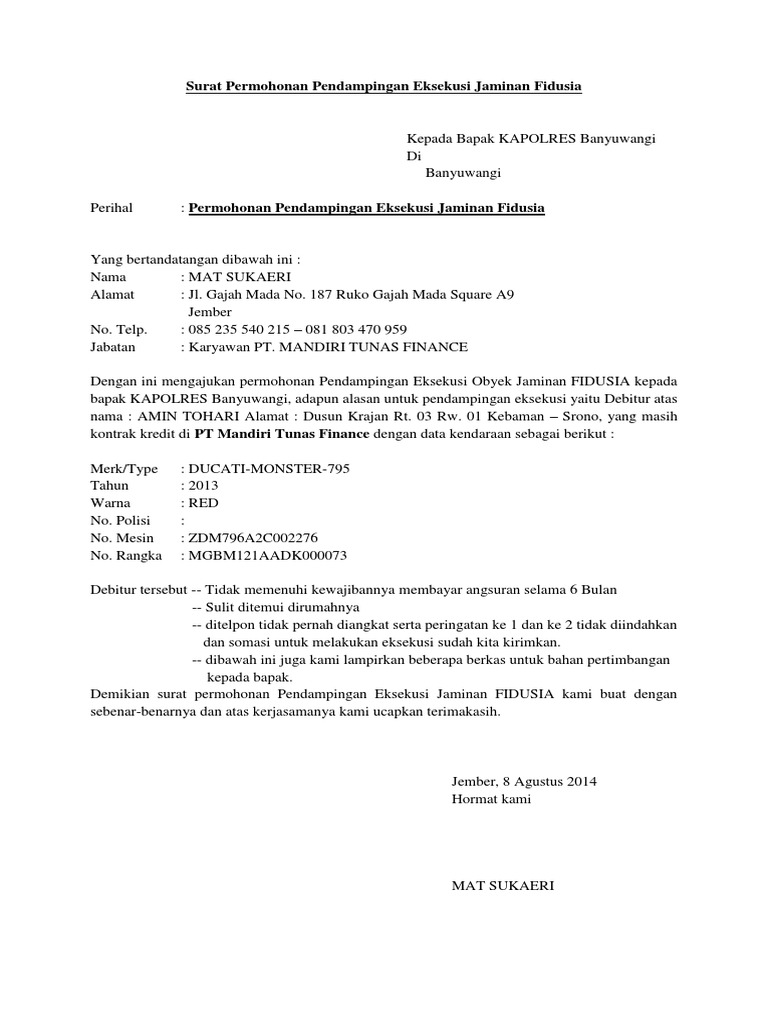 Surat Permohonan Pendampingan Eksekusi Jaminan Fidusia  PDF