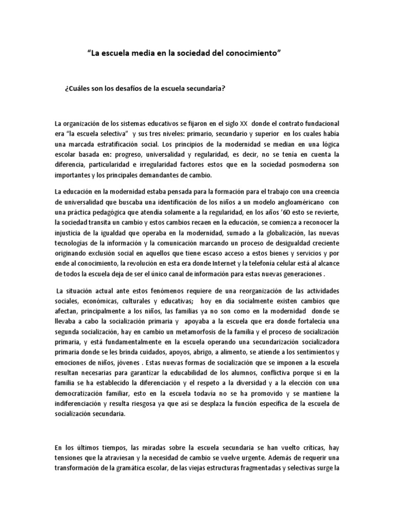 La Escuela Media en La Sociedad Del Conocimiento | PDF | Modernidad ...