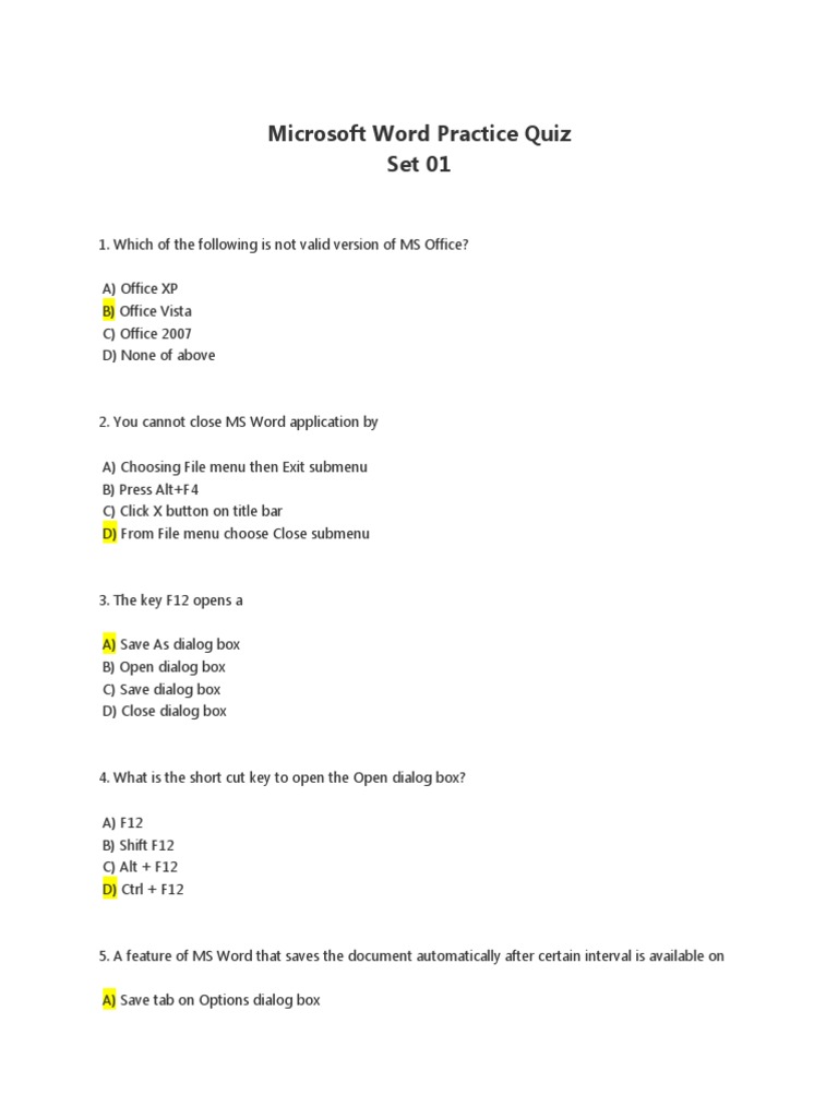 MSWordMCQ Set 1 Microsoft Word Page Layout