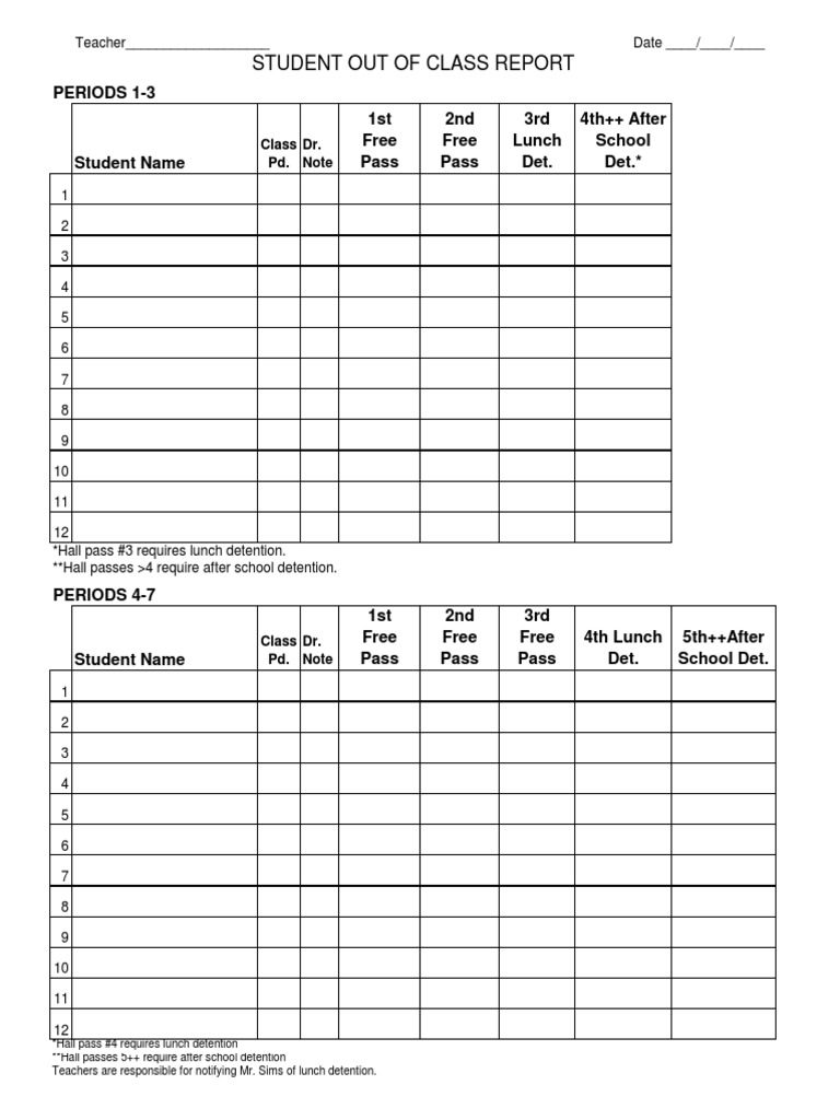 Student Hall Pass and Detention Log | PDF | Wellness
