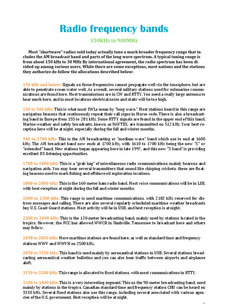Radio Frequency Bands PDF High Frequency Radio Spectrum