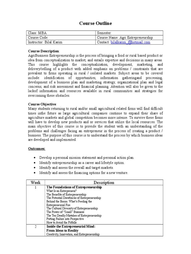 Course Outline Entrepreneurship | PDF