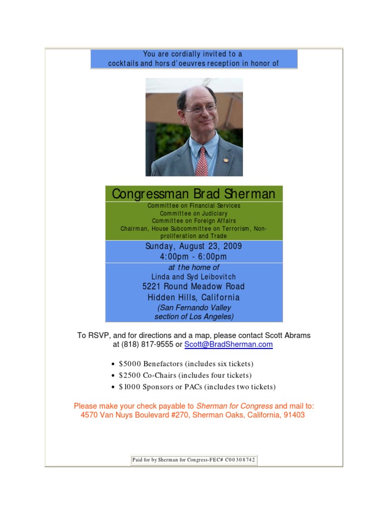Invitation to Reception for Congressman Sherman | PDF | Politics