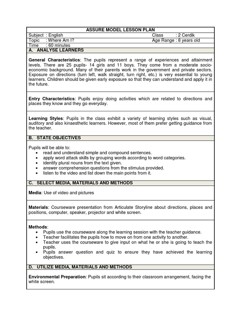 Assure Model Lesson Plan | Teachers | Reading Comprehension