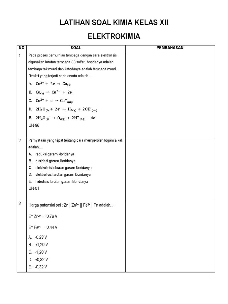 Latihan Soal Kimia Kelas Xii Elektrokimia
