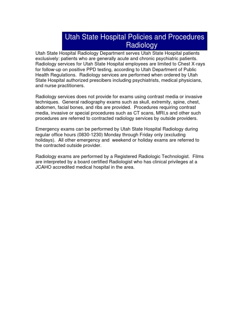 Utah State Hospital Policies and Procedures Radiology PDF Radiology