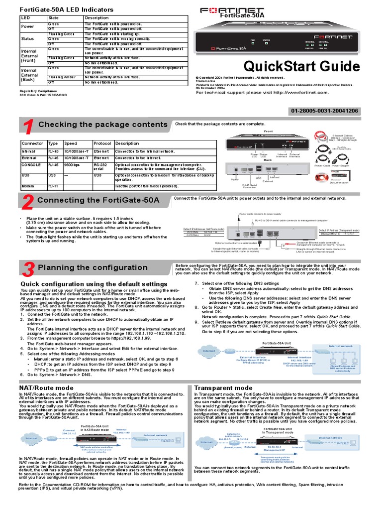 Fortinet FortiGate 50A QuickStart Guide | Ip Address | Computer Network