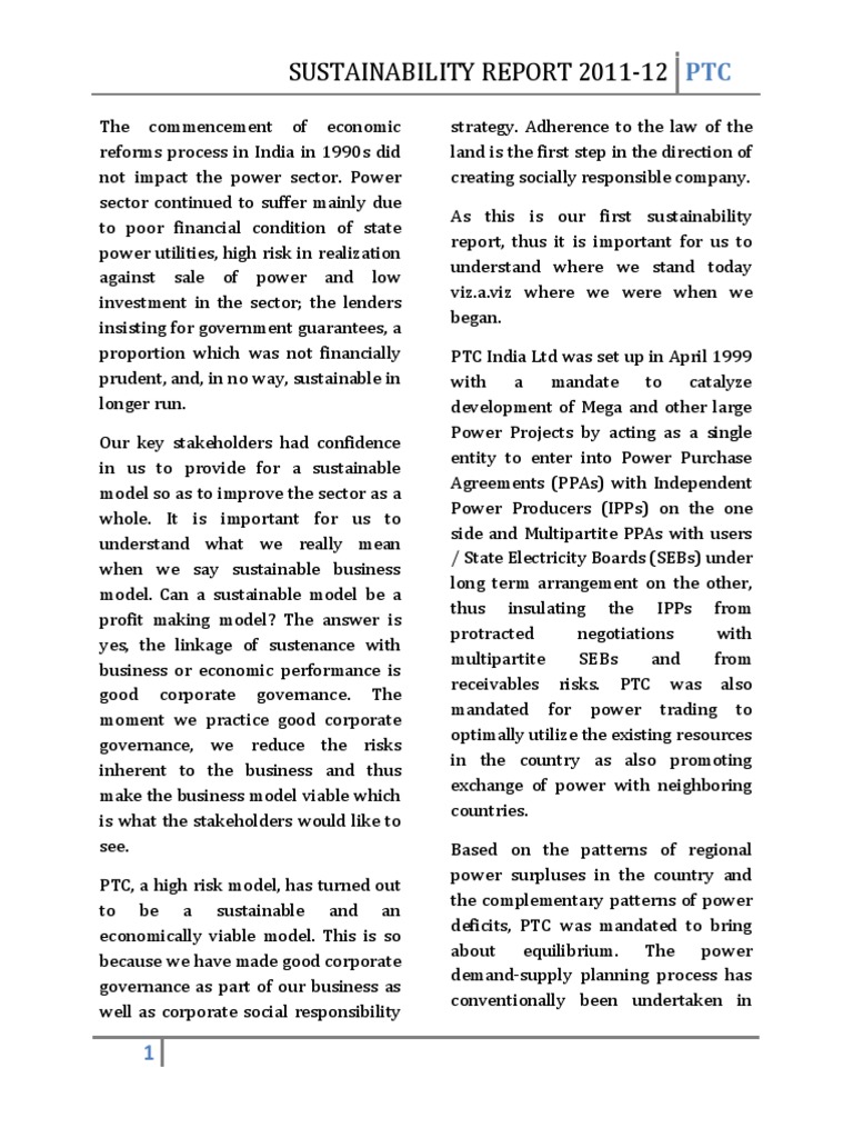 PTC Sustainability Report 2011-12 | PDF | Corporate Social ...