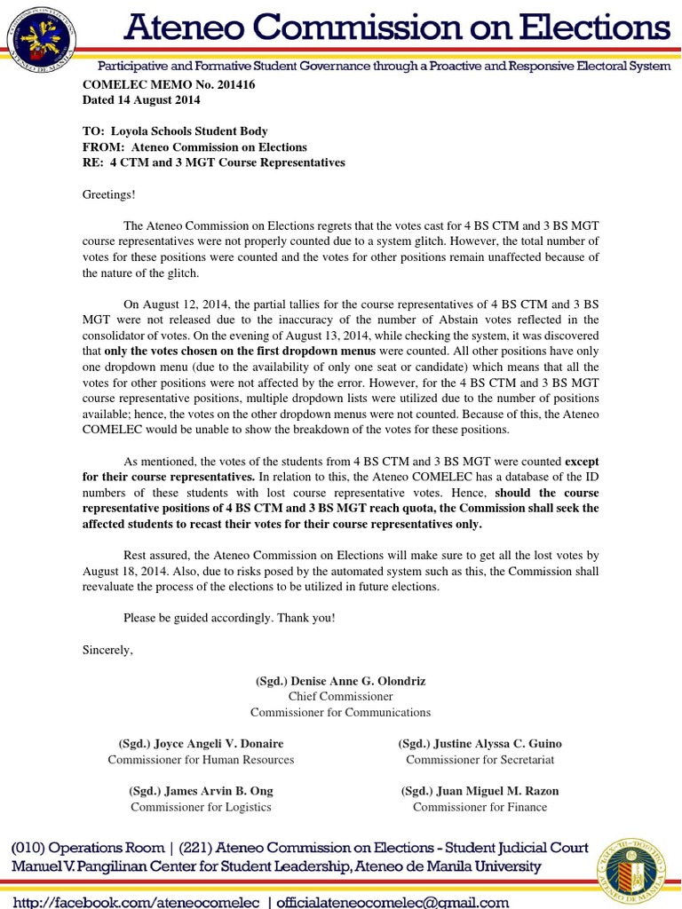 COMELEC Memo 201416 - 4 CTM and 3 MGT Course Representatives | PDF