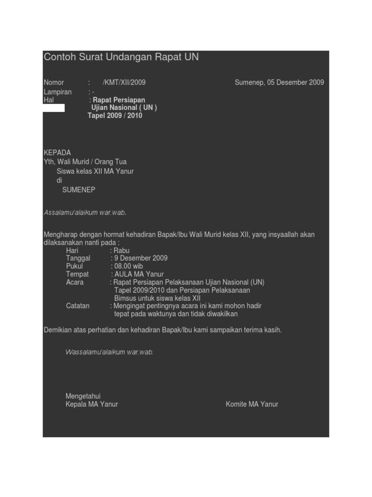 Contoh Surat Undangan Rapat Un