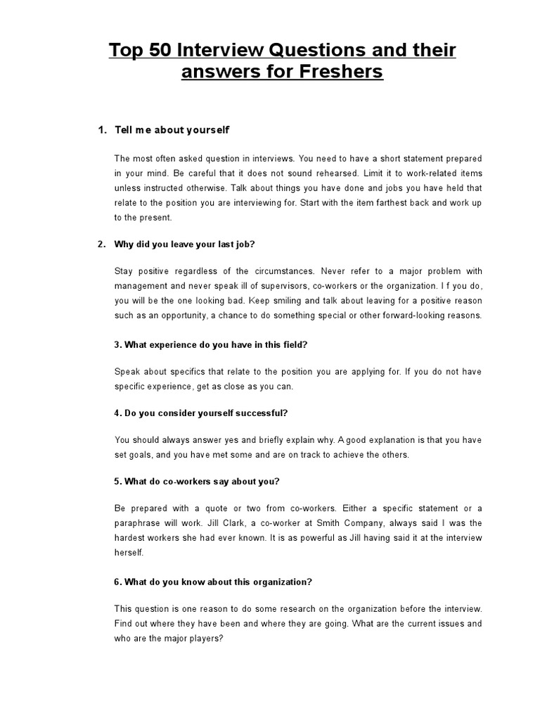 Top 50 Interview Questions and Their Answers For Freshers | PDF ...
