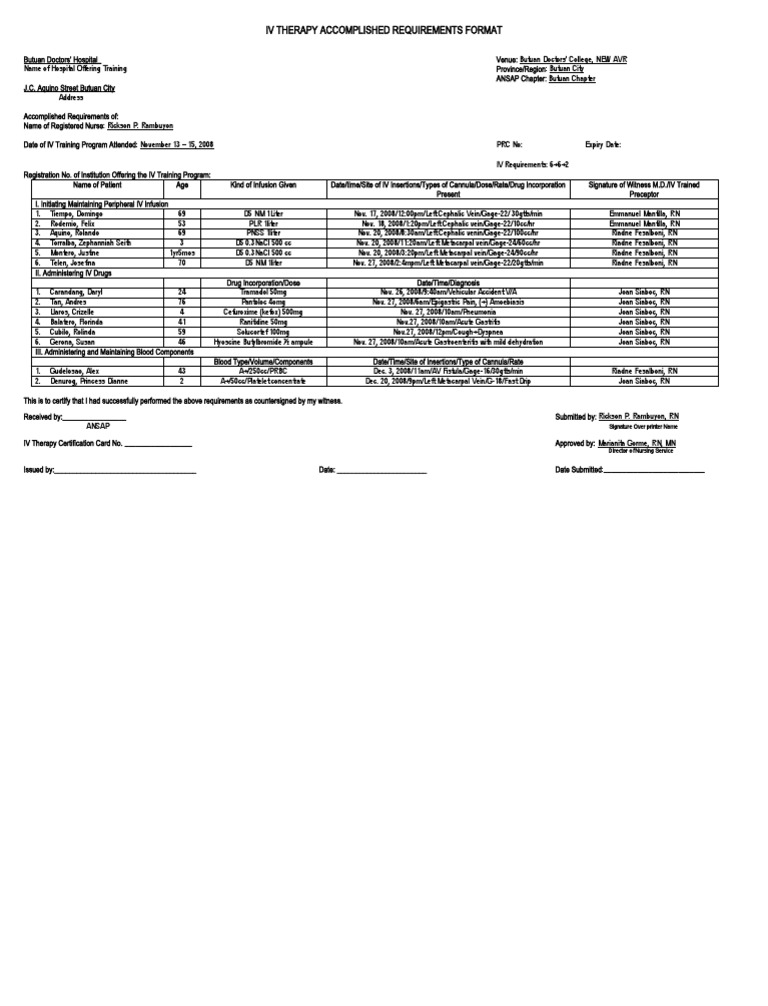 Iv Therapy Requirements Format PDF Intravenous Therapy
