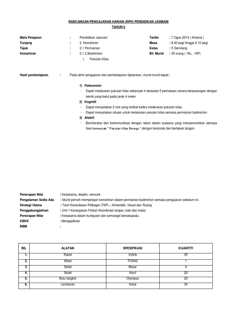 Rph Pj 5 Luhur Badminton Pukulan Kilas Pdf