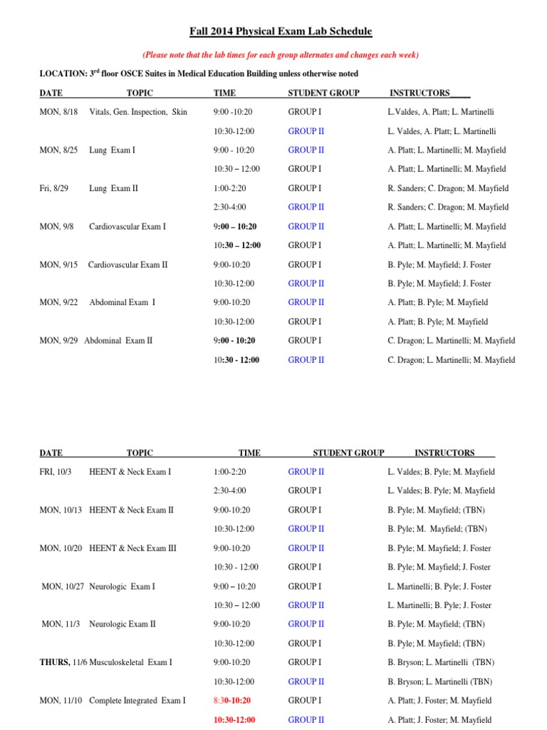Fall 2014 Physical Exam Lab Schedule | PDF