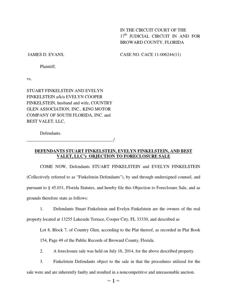 Objection To Foreclosure Sale (Florida) PDF Auction Short Sale