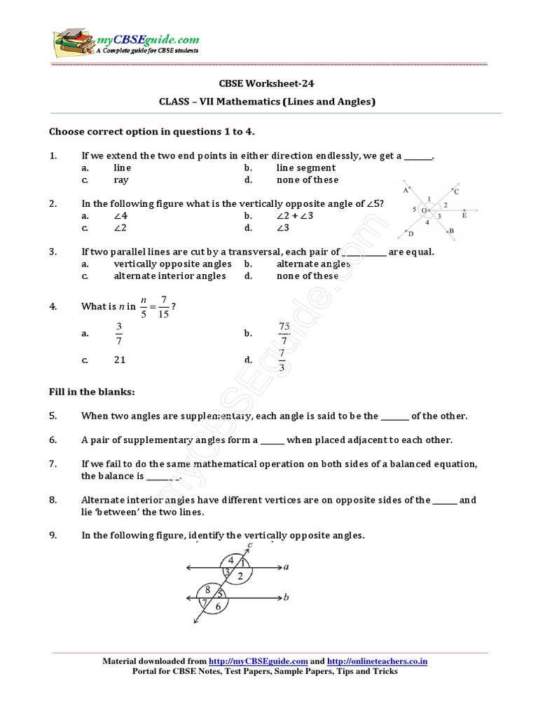 CBSE Worksheet-24 CLASS - VII Mathematics (Lines and Angles) | PDF ...