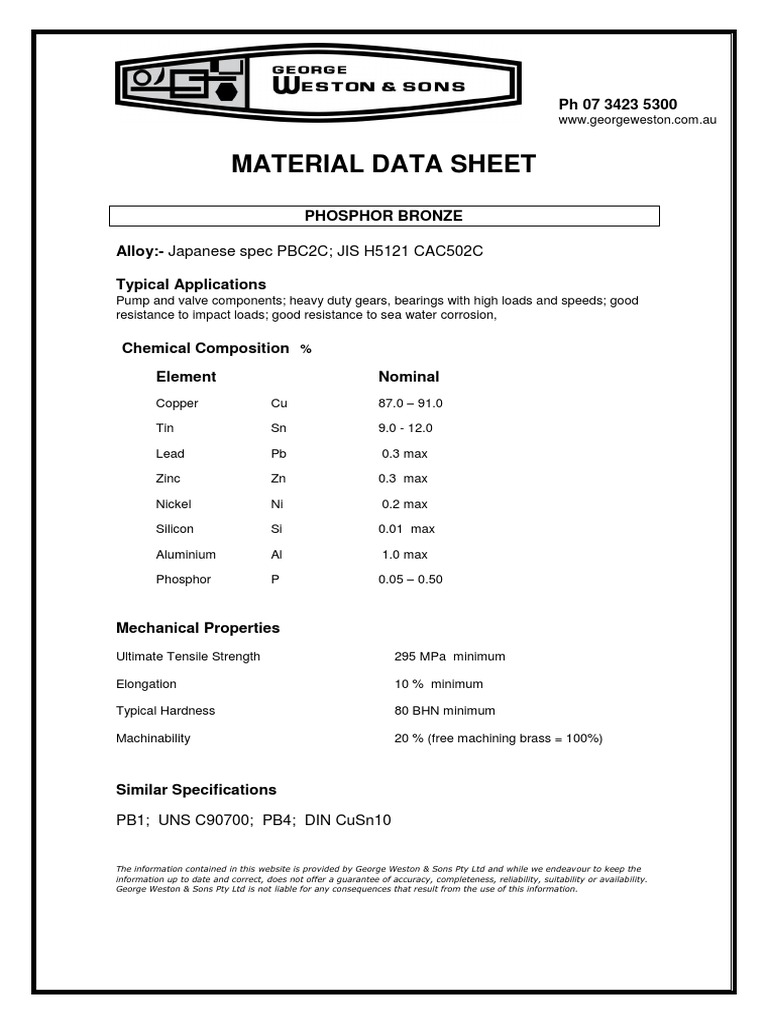 Phosphor Bronze PBC2C Composition Data | PDF
