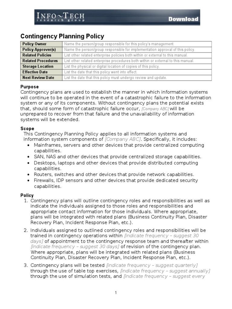 Contingency Planning Policy Template PDF Business Continuity
