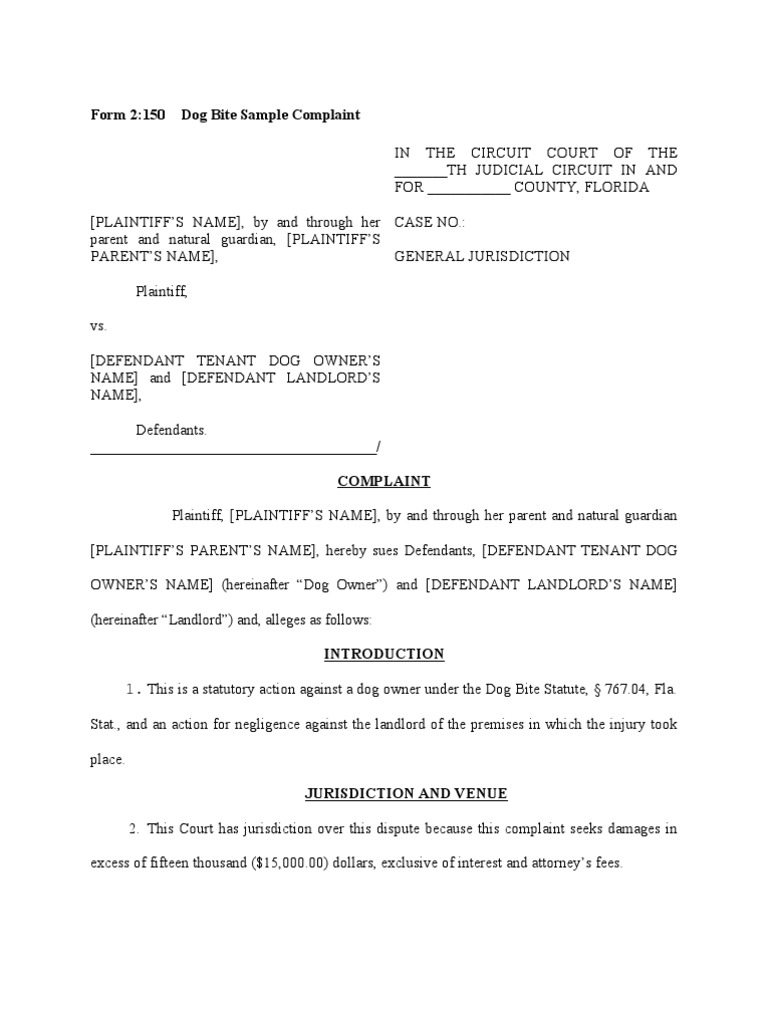 Dog Bite Sample Complaint PDF Damages Negligence