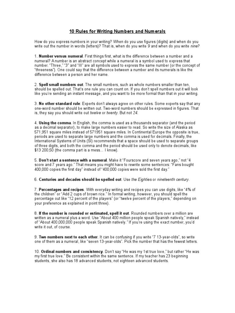 10 Rules For Writing Numbers And Numerals Language Mechanics Symbols