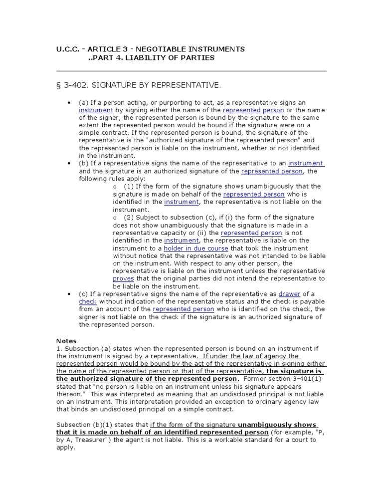 Ucc 3402 Signiture by Representative PDF Law Of Agency Signature