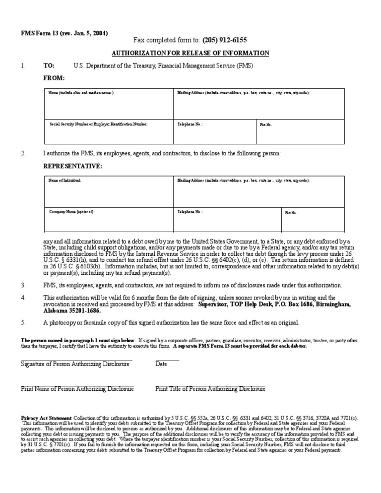 FMS Form 13: Authorization for Disclosure | PDF | Social Security ...