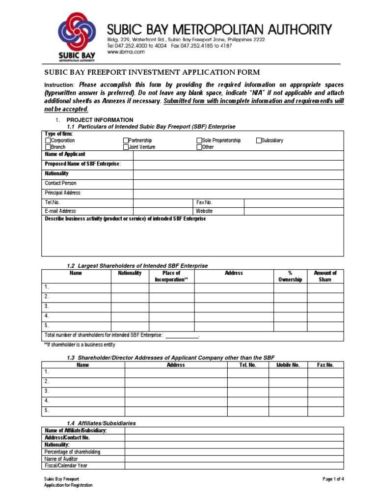 SBF Investment Application Form PDF Lease Business